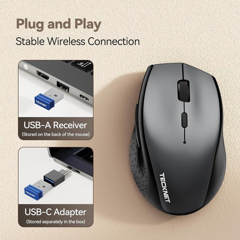 TECKNET فأرة لاسلكية جوجلر، فأرة قابلة للشحن عبر USB-C، فأرة صامتة مع محول USB-C، فأرة مريحة بدقة 6400 نقطة في البوصة، مدمجة مع محرك فأرة، فأرات كمبيوتر 2.4G لجهاز ماك، لابتوب، سطح مكتب، كمبيوتر شخصي - Image 4